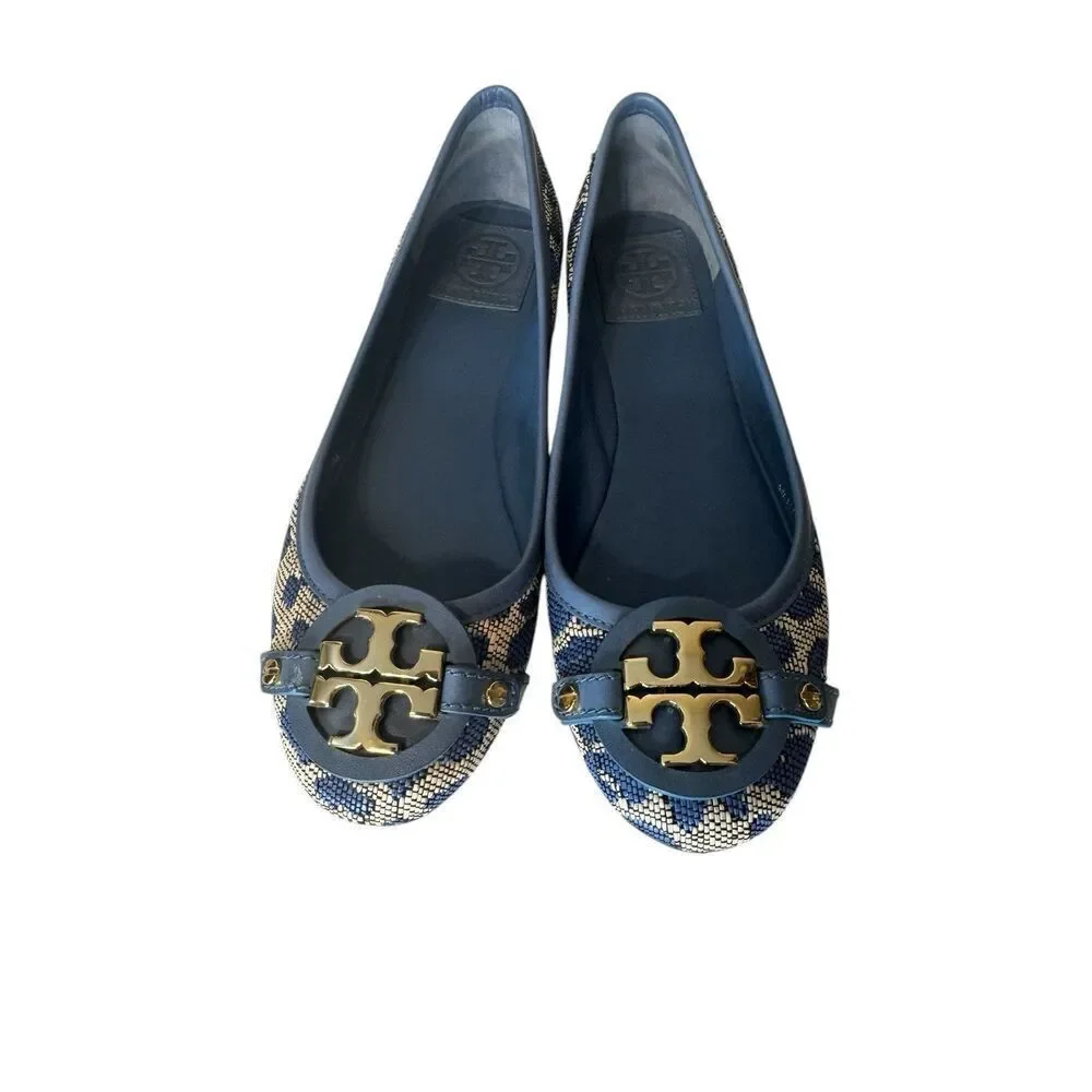 TORY BURCH AADEN Ballet Flat Leopard Raffia Leather Gold Logo Women's US 6.5